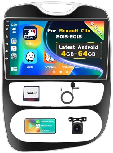 Inefala 4+64G Autoradio Android 15 pour Renault Clio 2013-2018 | 10 Écran Tactile, Wireless CarPlay, Android Auto, BT, GPS, WiFi, RDS/FM, Caméra de Recul, Mic
