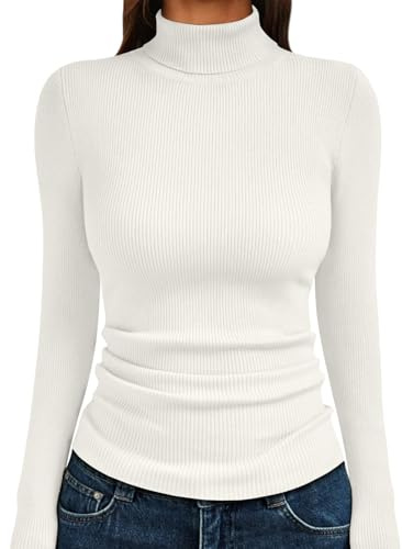 LILLUSORY Womens Thermal Turtleneck Tops Ribbed Sweaters Winter Clothes White S
