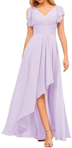 HPPEE Vestido de dama de honor de gasa con cuello en V para mujer, plisado, sin mangas, vestido de noche, Lila, 52 Grande