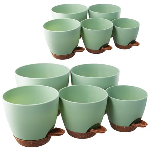 CHUENKUK 10er Set Blumentopf Set Grün, Durchmesser 18/16/15/14/12cm Kunststoff Pflanztopf mit Bewässerungssystem, Selbstbewässerungstopf für Balkon, Büro und Garten