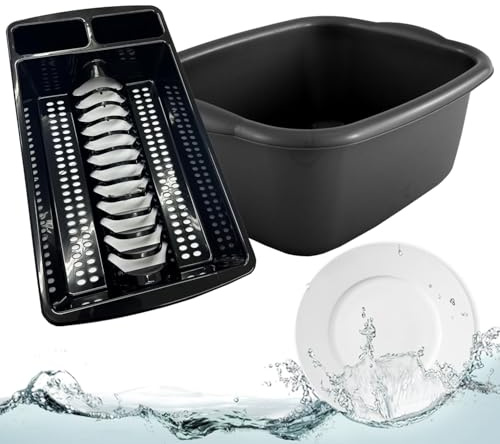 Pluto Packaging Plastic Kitchen Dish Drainer Rack & Washing Up Bowl Set | Perfect For Sinks