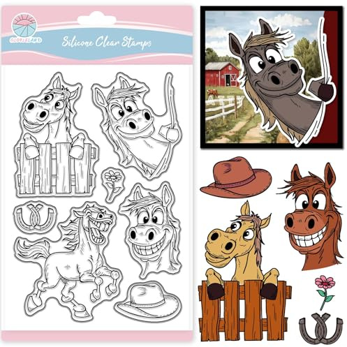 GLOBLELAND Lustige Transparente Stempel Mit Cartoon Pferd Zum Gestalten von Karten Cartoon Tiere Silikon Transparente Stempel Cowboyhut Transparentes Stempelsiegel Für DIY Scrapbooking