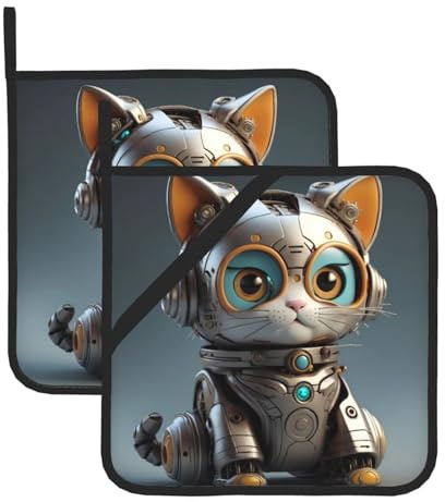 Simpatici presine quadrate resistenti al calore con stampa di gatti meccanici (set di due) 20,3 x 20,3 cm: tessuti di qualità, anti-scottatura e facili da pulire