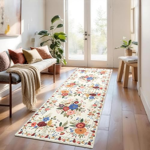 BYBSRLL Küchenteppich Flur Teppich 60 * 240cm, Blumen Teppich Kurzflor, Küchenteppich Waschbar, Flurteppich Läufer Lang Rutschfester für Küche, läufer Flur, Bettvorleger, Büro, Eingangsbereich, Beige