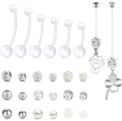 CIZME Bauchnabelpiercing Schwangerschaft 14G 1.6mm Bioflex Schwangere Nabel | Bauchnabel Piercing Schwangere Flexibles Bioflex Stab 12-38mm Kürzbar Silber Pink Blau Glitzer Anhänger Schmuck Damen