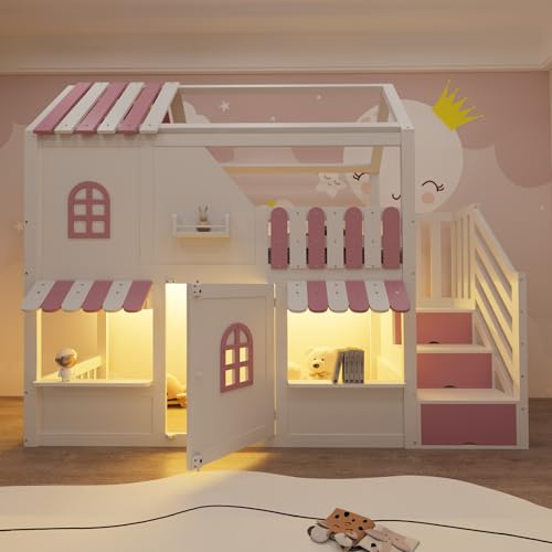 TOBIDOEN Letto a castello per bambini, 90 x 200 cm, design a forma di casa con tetto, finestre e porta, scala portaoggetti LE/D rendering e scaffali, ringhiera sicura e struttura in legno, senza