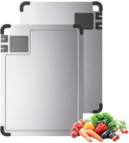 Stainless Steel Chopping Board, 38 * 28cm 304 Double Sided Titanium Chopping Boards. Kitchen Cutting Board with Built-in Sharpener, Juice Groove & Non-Slip Silicone Corner Protectors, Easy to Clean
