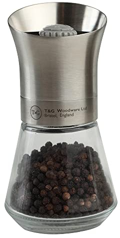T&G CrushGrind Tip Top Pepper | Peppercorn Mill with Glass Base, 12.5cm, Stainless Steel | Gourmet Fully Adjustable Ceramic Manual Grinder | Shaker | Coarse & Fine | Easy Fill