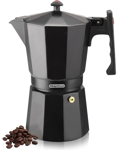 MAGEFESA ® Colombia Noir Black Italian Coffee Maker with Capacity for 6 Cups, 300 ml, Made of Extra Thick Aluminum, Ergonomic Knob and Handles, Suitable for All Types of Cookers, Except Induction