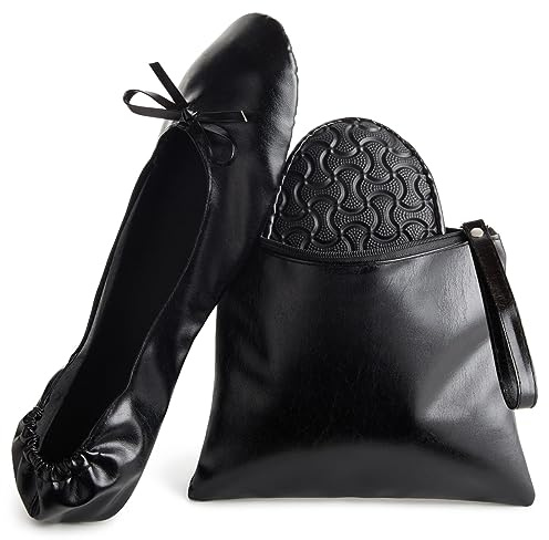 Rose Cheeks Black Foldable Ballet Flats for Women, Roll Up Flats with Zipper Pouch, US Size 8.5-9.5 - Ballet Slippers Women - Ballerina Shoes - Foldable Shoes