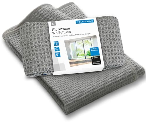 POLYCLEAN 2X Waffeltuch – leistungsstarkes Fensterputztuch für Glas und Scheiben (60 x 40 cm) – Mikrofasertücher inklusive 1x gratis Wäschesack
