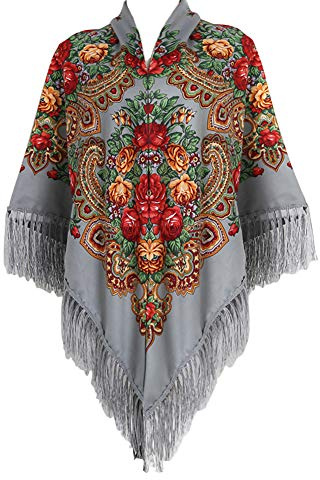 Gudessly 157 cm x 157 cm oversized traditionell retro sjal för kvinnor, sjalmönstrad poncho med blommigt tryck och tofsfransar, Grå, 62 * 62inch