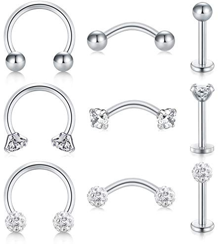 LAURITAMI 8pcs Surgical Steel Piercing Tragus Cartilage Helix Rook Nose Rings Hoop 16G Clear CZ Eyebrow Barbell Body Piercing Studs Jewellery, Metal