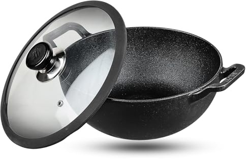 Vinod Legacy Pre-Seasoned Cast Iron Wok (Kadai) with Glass Lid,Deep Frying Pan Wok for Cooking, Non-Stick Cookware,Induction & Gas Compatible, Safe Grip Handle, Black (26cm. Diameter Black with Lid)