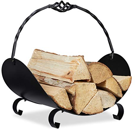 Relaxdays Porta Legna da Interno in Metallo, Contenitore con Manico, 42,5 x 43,5 x 30 cm, Indoor, Accessori Camino, Nero, Acciaio, 1 pz
