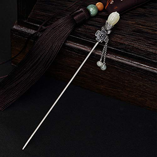 Haarnadel,S925 Sterling Silber Hair Stick Haarnadel Retro Chinesisch Klassische Essstäbchen Gabeln Natürliche Hetian Magnolie Blume Quaste Distressed Blumen Schmuck Haarschmuck Für Frauen Langes