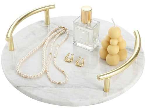TOPZEA Vassoio decorativo in marmo, vassoio rotondo da 10 pollici, vassoio per profumo con manici in metallo dorato, vassoio per gioielli per bancone, vanità, comò, comodino, bagno