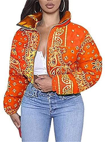 FeMereina Damen Süß Stehkragen Kurz Puffer Jacken Paisley Gesteppt Bandana Gedruckt Puffer Crop Zip Up Bubble Coat, Orange, 38