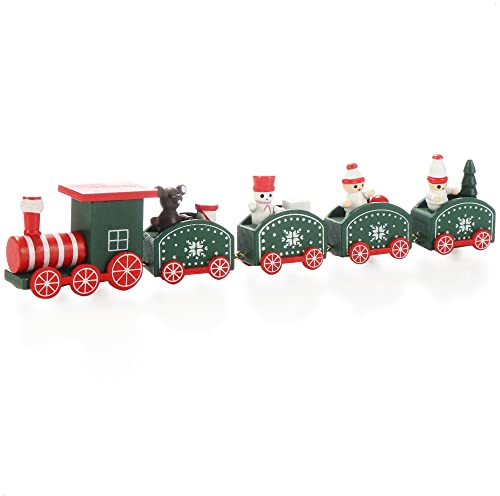 com-four® Tren Navideño con Cuatro Remolques de Madera - Decorativo, 24cm (Madera Verde)