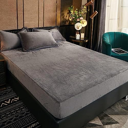 Luofanfei Fleece Spannbettlaken 140x200cm Grau Hellgrau Plüsch Warm Samt Kuschelige Bettlaken Boxspringbett Frottee Biber Spannbetttücher Uni Muster Leintuch für Hohe Matratze bis 25-30 cm