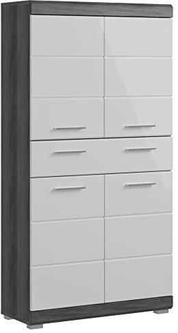 Newroom Schrank Rauchsilber Weiß Hochglanz Badschrank Modern - 74x141x31 cm (BxHxT) - Hochschrank Badezimmermöbel - [Lanzo.Seven] Bad Badezimmer