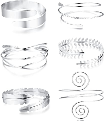 Diamday Juego de 6 brazaletes ajustables para la parte superior del brazo para mujer, plata y oro, minimalista, simple, griego, joyería de moda para boda, 3.2 inch, Metal