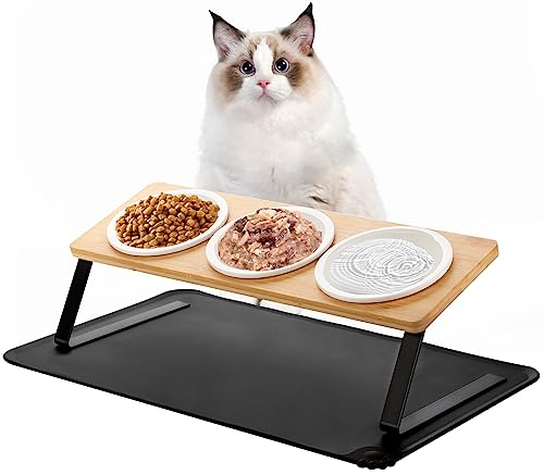 Lannvan Ciotola per Gatti e Cani Rialzata - Set di 3, Ceramica e Legno, 15° Inclinata, Con Tappetino Antiscivolo - Per Gattini e Cani Piccoli