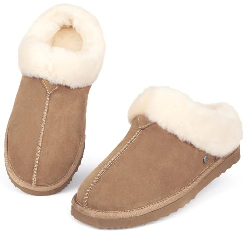 Parfeying Women‘s Real Wool Slippers in Genuine Leather with Anti-Slip Rubber Sole, Warm Indoor Outdoor Shoes with Memory Foam - Cozy Slip-On for Women in Soft Wool,L23606 CHES 8US