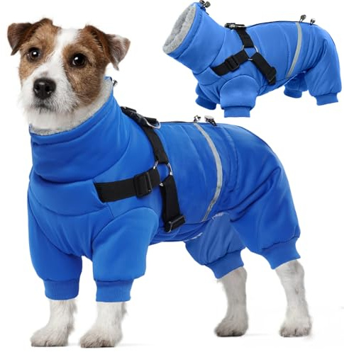 Cappotto per cani con gambe e protezione addominale, giacca invernale per cani, cappotti caldi e giacche, tuta invernale in pile (blu, XL)