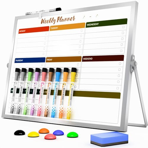 Marsrock torr radering A3 whiteboard med stativ, dubbelsidig whiteboard 40 x 30 cm, 10 markörer, 6 magneter, 1 radergummi, bärbar skrivbords whiteboard för planering, färgglad veckoschematavla för
