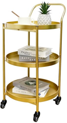 TRIROCKS Elegante Carro Bar de 78 cm de Alto, 3 Niveles Metálico con Ruedas, Carrito de Servicio para Cocina y Entretenimiento (Oro)