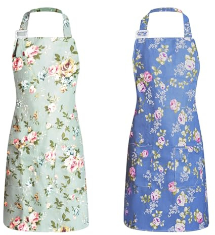 FEISIGE 2 Pcs Adjustable Kitchen Aprons for Women - Floral Chef Aprons with Big Pockets, Ideal for Cooking, Baking & Gardening (Durable, Machine Washable)