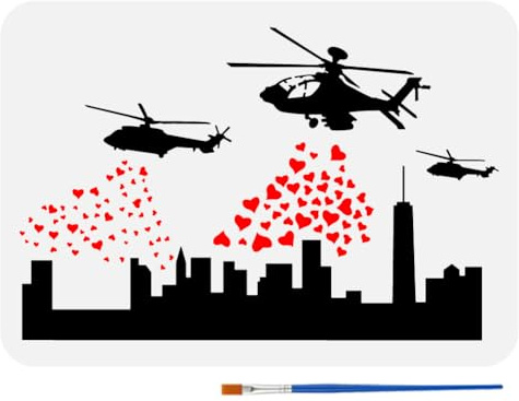 FINGERINSPIRE Malschablone Banksy Helikopter Und Herzen Mit Kunststoffpinsel 21x29.7 cm Wiederverwendbare Helikopter Mustervorlage Banksy Themenschablone Zum Malen Auf Holz Wand Stoff Möbeln