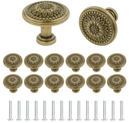 Lot de 14 boutons de placard en bronze antique vintage à motif floral pour commode, armoire, commode, porte d'armoire