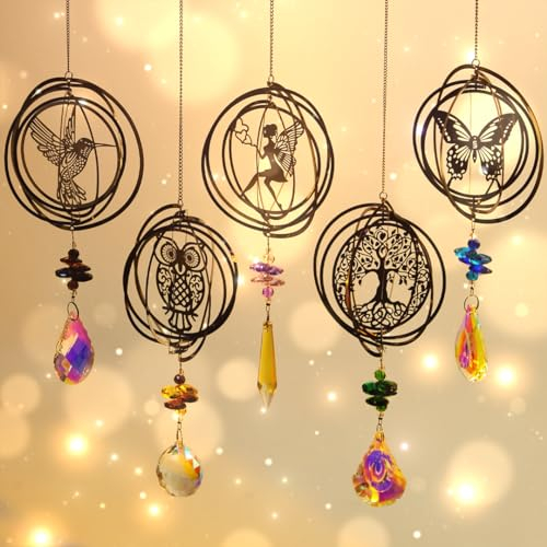 Sonnenfänger Kristall Windspiel,5 Stück Baum Eulen Kolibri Schmetterling Fee Kristall Anhänger Deko,Regenbogen Sonnenfänger Kristal,Fensterdeko Hängend für Zuhause Büro Garten Outdoor Deko