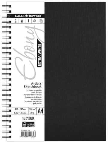 Daler Rowney Ebony Artist - Cuaderno de bocetos para artistas, ligeramente texturizado, encuadernado en espiral, papel extra blanco, A4, 130 g/m², 30 hojas