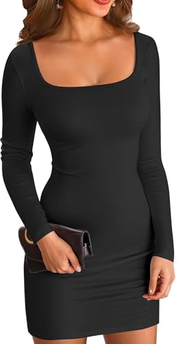 ELFIN Damen Bodycon Kleid Gerippt Langarm Minikleid Quadratischer Hals Kurzes Party Club Kleid Herbst Pullover Kleider Freizeitkleid