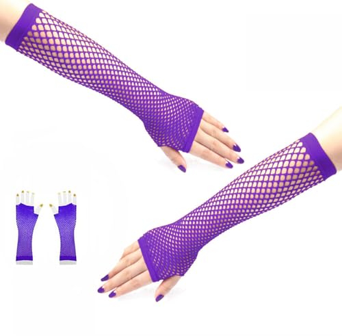 SMTCM Netzhandschuhe Lange 2 Paar Neon Fischnetz Fingerlose Handschuhe Elastische Punk Mesh Gloves Halbfinger Hohle Netz Armstulpen für 80er Jahre Kostümparty Halloween Cosplay Zubehör(Lila)
