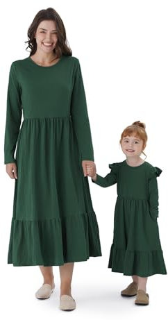 PATPAT Mutter Tochter Kleid Set Langarm Familienoutfit Set Baumwolle Mama Tochter Kleider für Mädchen und Damen, Mutter Tochter Kleidung, Mutter Baby Partnerlook, Grün, Damen: S