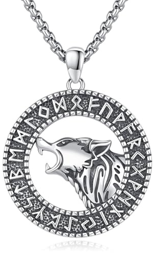 Eusense Vikingo Plata de Ley 925 Collar Lobo Runa Vikinga Cabeza de Lobo Amuleto Nórdico Mitología Joyería Regalo para Hombre Mujer