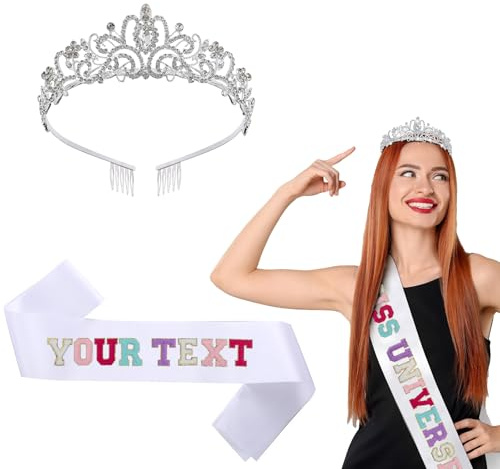 Personalisierte Schärpen, benutzerdefinierter Text, Satin-Schärpe, Chenille-Buchstaben-Satin-Schärpe, weiße Schärpe, Miss Congeniality Schärpe, Universum, Halloween, Cross-Body Festzug, Schärpe für