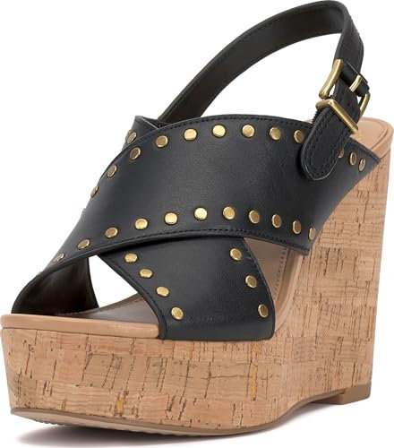 Vince Camuto, Women's, Ellna Cross-Band Wedge Sandals, Black, 8, Medium