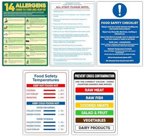 Comprehensive Safety Signs and Stickers Pack: Food Allergens Notice, Safety Checklist, Guidance to Food Act 2006, Temperature Guidelines, and Cross Contamination Notice