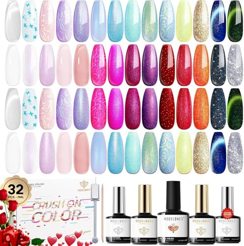 Modelones UV Nagellack Set 32 Pcs, 28 Farben Rosa Rot Weiß Grün, UV Nagellack für Sommer mit Base Coat, Matt & Glanz & Glitzer Top Coat, Nail Polish Soak Off, LED Nail Art Maniküre