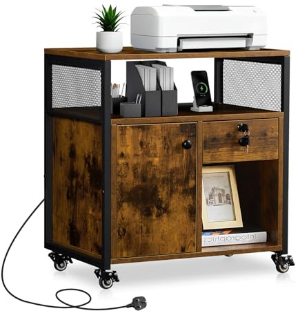 TUKAILAi Mobile File Cabinet with Charging Station Wooden Rolling Office Filing Cabinet with Lock Door Printer Stand 1 Drawer Lateral Stationery Storage on Wheels for Home Office (Dark Wood)