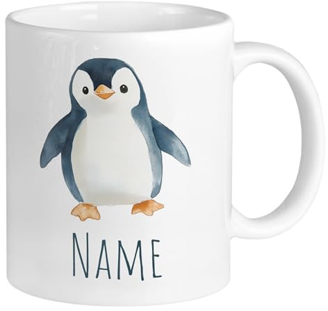 GRAZDesign Personalisierte Kinder Tasse mit Pinguin Design – Keramikbecher mit Namen für Kindergeburtstage Keramik 330ml
