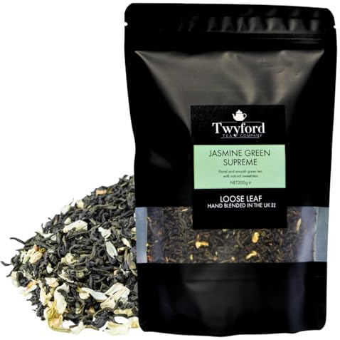 Jasmine Green Tea Loose Leaf Supreme | Premium Whole Leaf with Jasmine Blossoms | Naturally Sweet, Steamed | 200g by Twyford
