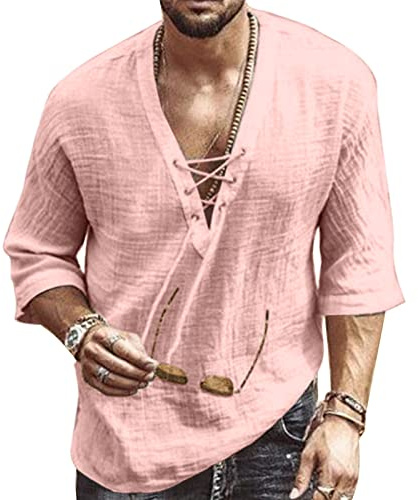 Rodawu Mens Linen Shirts Short Sleeved V-Neck Drawstring Summer Cotton Henley Shirt Casual Beach Yoga Top Pink 4XL