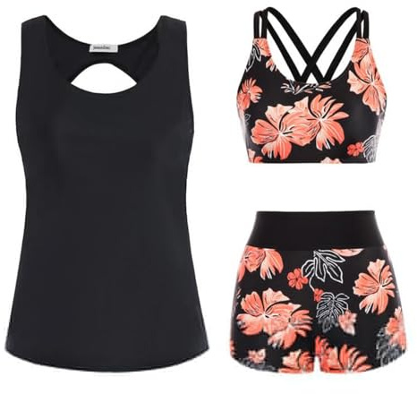 Generisch Tankini para mujer, traje de baño de 3 piezas, estampado de flores, traje de baño push up, bikini de cintura alta, tankinis de verano, trajes de baño deportivos y pantalones cortos de playa