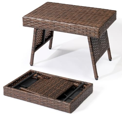 Outvita Portable Folding Wicker Table, Foldable Outdoor Coffee Table with Steel Frame, Easy to Clean Outdoor Deck Furniture with Weather-Resistant Rattan for Patio Poolside Lawn Garden Balcony